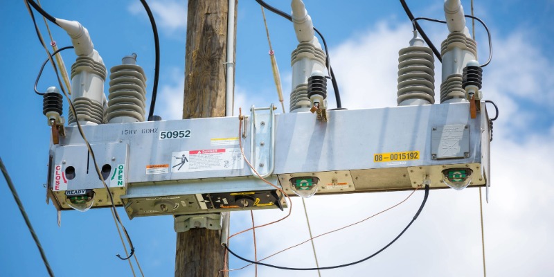 Pole-mounted IntelliRupter electrical device with insulators and wiring on a power line